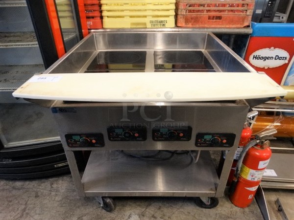 NICE! Mr Induction Stainless Steel Commercial Electric Powered 4 Burner Induction Range w/ Undershelf on Commercial Casters. 32x38x33