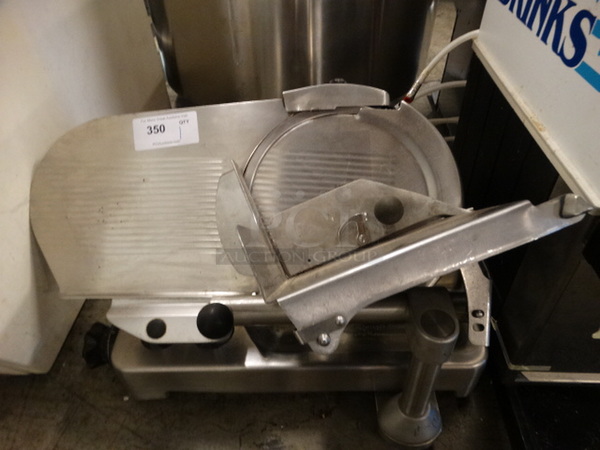NICE! New Brunswick Model 320ES Stainless Steel Commercial Countertop Meat Slicer w/ Blade Sharpener. 120 Volts, 1 Phase. 28x20x19. Cannot Test - Unit Needs To Be Rewired