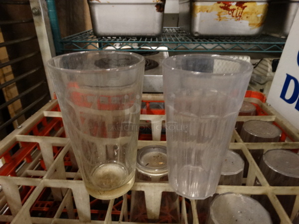 12 Beverage Glasses in Dish Caddy; 10 Poly and 2 Glass. 3.5x3.5x6. 12 Times Your Bid!