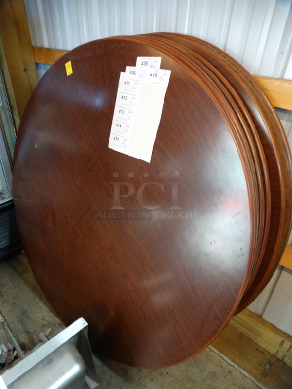 Round Wood Pattern Tabletop on Black Metal Table Base. Stock Picture - Cosmetic Condition May Vary. 54x54x30
