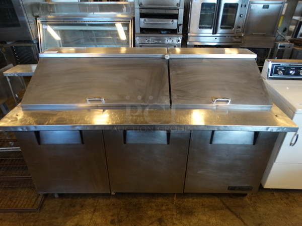 NICE! True Model TSSU-72-30M-B Stainless Steel Commercial Sandwich Salad Prep Table Bain Marie Mega Top on Commercial Casters. 115 Volts, 1 Phase. 72x34x47. Tested and Powers On But Does Not Get Cold