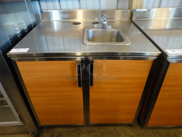 Duke Stainless Steel Commercial Counter w/ Sink Basin, Faucet, Handle and 2 Wood Pattern Doors. 36x30x40