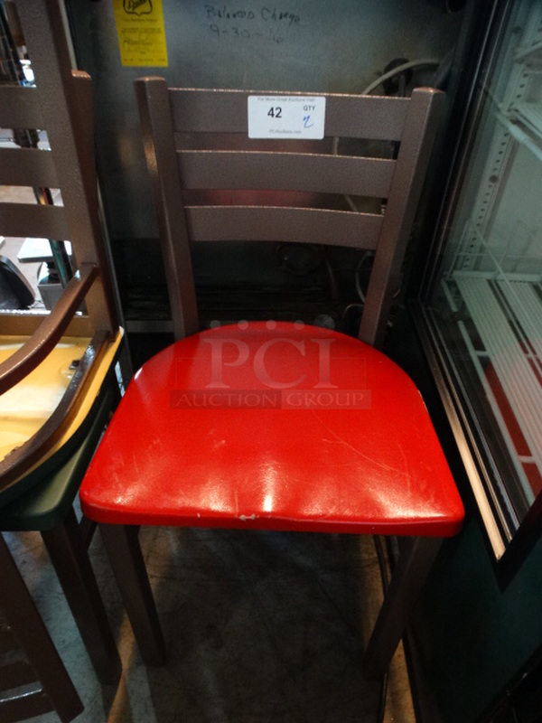 2 Tan Metal Dining Chairs w/ Red Seats. Stock Picture - Cosmetic Condition May Vary. 16x17x31. 2 Times Your Bid!