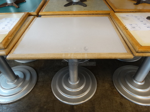 Light Gray Tabletop w/ Wood Pattern Rim and Metal Gray Table Leg. Stock Picture - Cosmetic Condition May Vary. 30x24x30