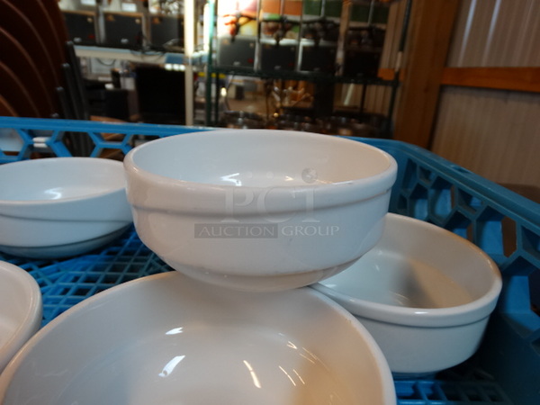 19 Various White Ceramic Bowls in Dish Caddy. 3x3x1.5, 3.75x3.75x2, 4.5x4.5x2. 19 Times Your Bid!