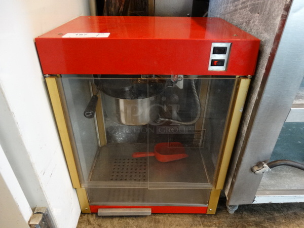 Red and Gold Colored Countertop Popcorn Machine Merchandiser. 19.5x14x25. Tested and Working!