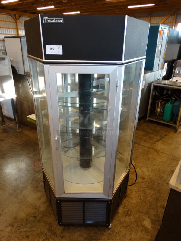GREAT! Traulsen Metal Commercial Bakery Pie Rotating Cooler Merchandiser w/ 2 Doors on Commercial Casters. 38x38x75. Tested and Working!