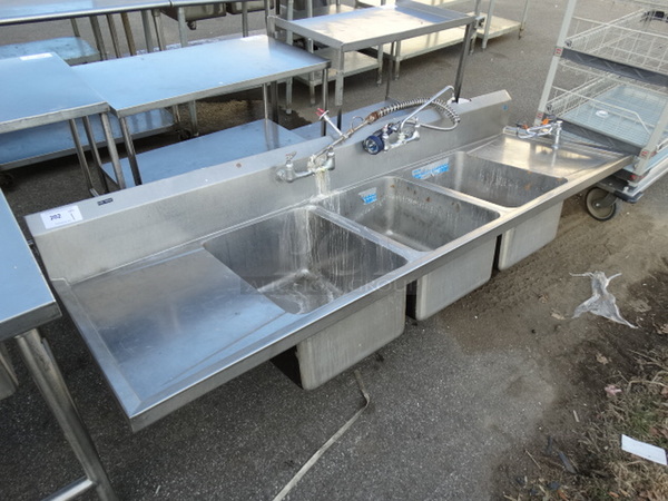 Stainless Steel Commercial 3 Bay Sink w/ Dual Drainboards, Faucet, Handles and Spray Nozzle Attachment. 96x29x27. Bays 18x24x12. Drainboards 17x26x1