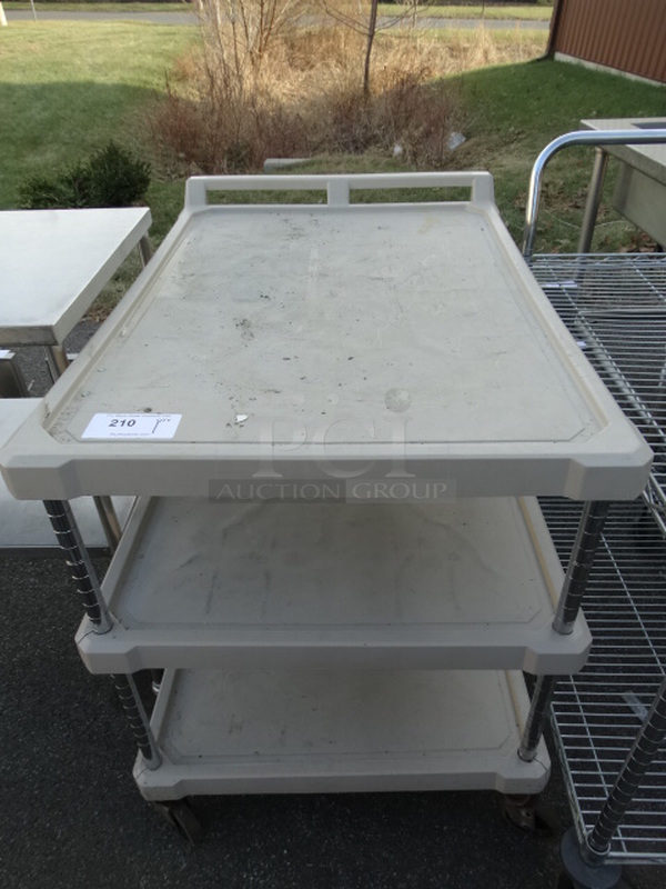 Tan Poly 3 Tier Cart w/ Push Handle on Commercial Casters. 26x39x36
