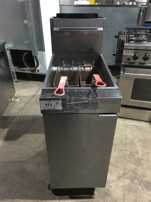 Pitco Sir Lawrence Commercial Natural Gas Powered 4 Burner  Deep Fat Fryer! With Backsplash! With 2 Metal Frying Baskets! All Stainless Steel! On Commercial Casters!