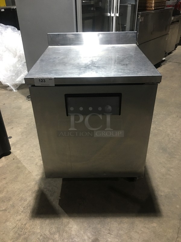 True Commercial Single Door Lowboy/Work Top Freezer! With Raised Backsplash!  With Poly Coated Rack! All Stainless Steel! Model TWT27F Serial 13151399! 115V 1Phase! On Commercial Casters!