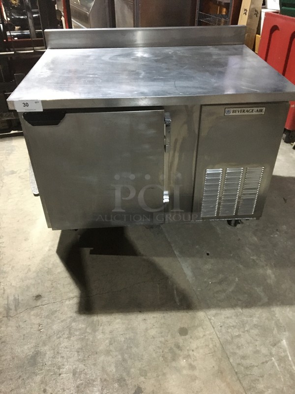 Beverage Air Commercial Work/Prep Table! with Backsplash! With Refrigerated Underneath Storage Space! With Poly Coated Racks! All Stainless Steel! Model WTR46A! 115V 1Phase! On Commercial Casters!