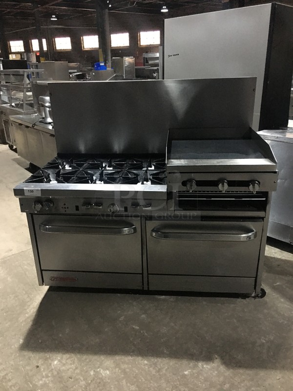  Southbend Commercial Natural Gas Powered 6 Burner Stove! With Right Side Flat Griddle/Cheese Melter Combo! With 2 Full Size Ovens Underneath! With Raised Backsplash! All Stainless Steel! On Commercial Casters!
