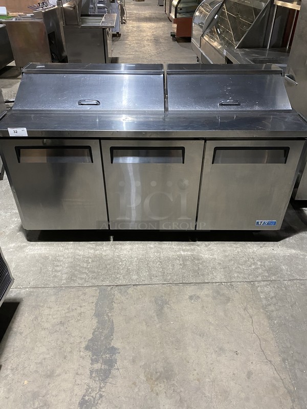 Sweet! Turbo Air Commercial Refrigerated Sandwich Prep Table! With 3 Door Underneath Storage Space! With Poly Coated Racks! All Stainless Steel! Model MST72! On Commercial Casters! Works Great! 