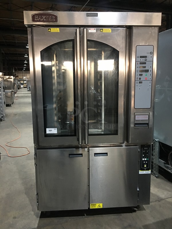 WOW! LATE MODEL Baxter Commercial Natural Gas Powered Rotating Convection Oven! Holds 10 Trays! With View Through Doors! Model MB300 Serial 242013794! 120V 1Phase! With Electric Powered 2 Door Proofer Underneath! All Stainless Steel! On Commercial Casters!