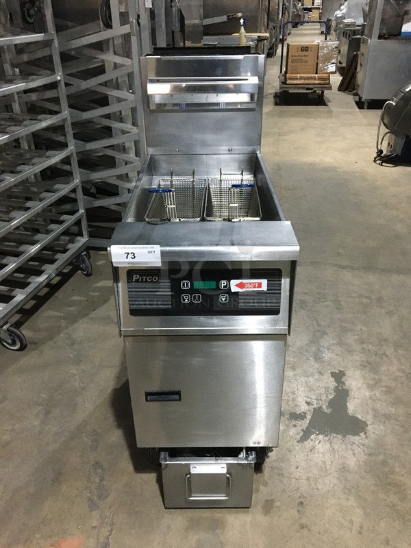 GREAT! Pitco Frialator Commercial Natural Gas Powered Deep Fat Fryer! With Backsplash! With Underneath Filter! With 2 Metal Frying Baskets! All Stainless Steel! Model SFSSH55 Serial G09DB010173! On Commercial Casters!