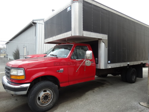 1996 Ford F Super Duty Power Stroke Diesel Truck w/ Morgan Dry Van Box Truck Attachment, Foldaway Steel Liftgate and Etrack Frame In Box. VIN 1FDLF47F1TEA68033. Comes w/ Clean Title. See Lots 28-29 For Additional Pictures!