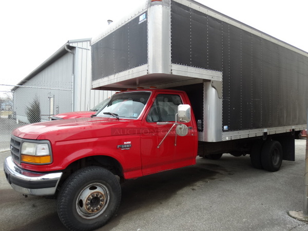 1996 Ford F Super Duty Power Stroke Diesel Truck w/ Morgan Dry Van Box Truck Attachment, Foldaway Steel Liftgate and Etrack Frame In Box. VIN 1FDLF47F1TEA68033. Comes w/ Clean Title. See Lots 28-29 For Additional Pictures! - Image 1 of 12