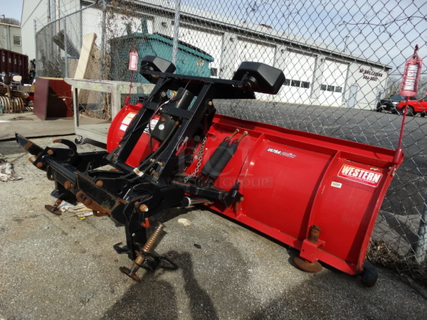 Western Products Red Metal 8' Snow Plow w/ Black Metal Frame and Headlights. Plow Was In Working Condition Last Winter. 96x53x48