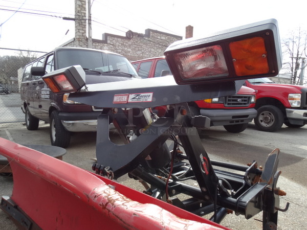 Western Products Red Metal 8' Snow Plow w/ Black Metal Frame and Headlights. Plow Was In Working Condition Last Winter. 96x53x48 - Image 10 of 11
