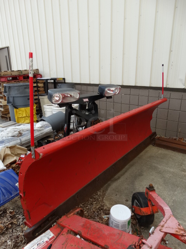 Western Products Pro Plus Red Metal 8' Snow Plow w/ Black Metal Frame and Headlights. Plow Was In Working Condition Last Winter. 103x60x52