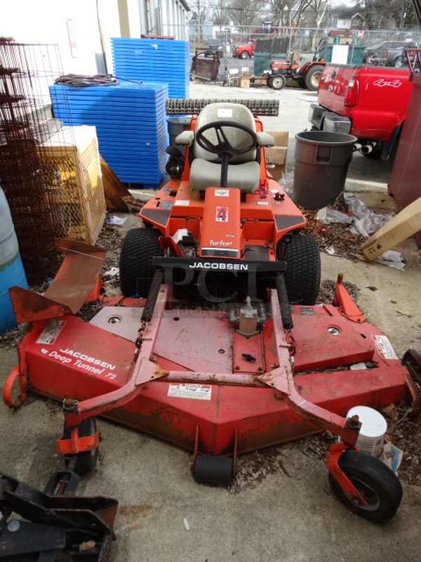 ExMark Jacobsen Turfcat T428D Deep Tunnel 72 Red Metal Commercial Riding Lawnmower. 78x126x48
