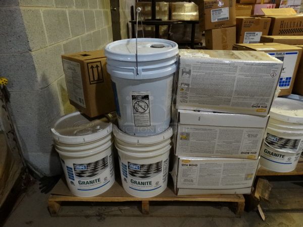 ALL ONE MONEY! PALLET LOT of Various Items Including Gym Bond Water Based Urethane Bonding Agent and Granite Hard Surface Sealer & Finish! Pallet: 48x40x28 - Image 1 of 6