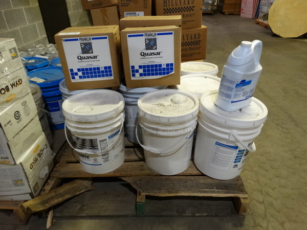 ALL ONE MONEY! PALLET LOT of Various Items Including Quasar Diamond Gloss Floor Finish and Granite Hard Surface Sealer & Finish! Pallet: 48x36x27