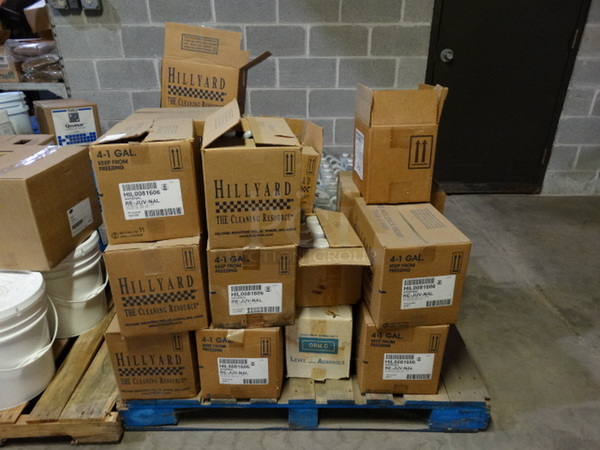 ALL ONE MONEY! PALLET LOT of Various Items Including Hillyard Super Shine AII and Vanguard Disinfectant Spray! Pallet: 40x38x36 - Image 1 of 7