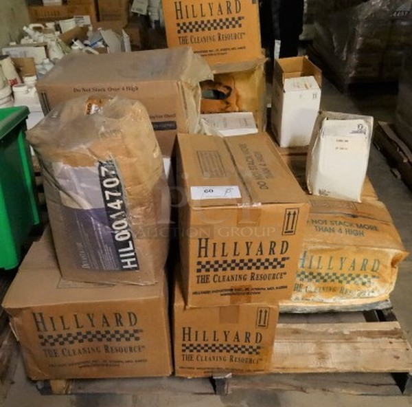 ALL ONE MONEY! PALLET LOT of Various Items Including Hillyard Assurance HD Spray and Wipe and Windo Clean! Pallet: 43x38x34