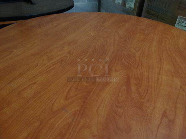 Wood Pattern Round Table on Black Metal Table Base. Stock Picture - Cosmetic Condition May Vary. 48x48x30 - Image 3 of 5