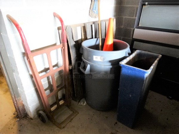 ALL ONE MONEY! Lot of Various Items Including 2 Poly Trash Cans, Slim Jim Trash Can, Furniture Dolly and Cone!