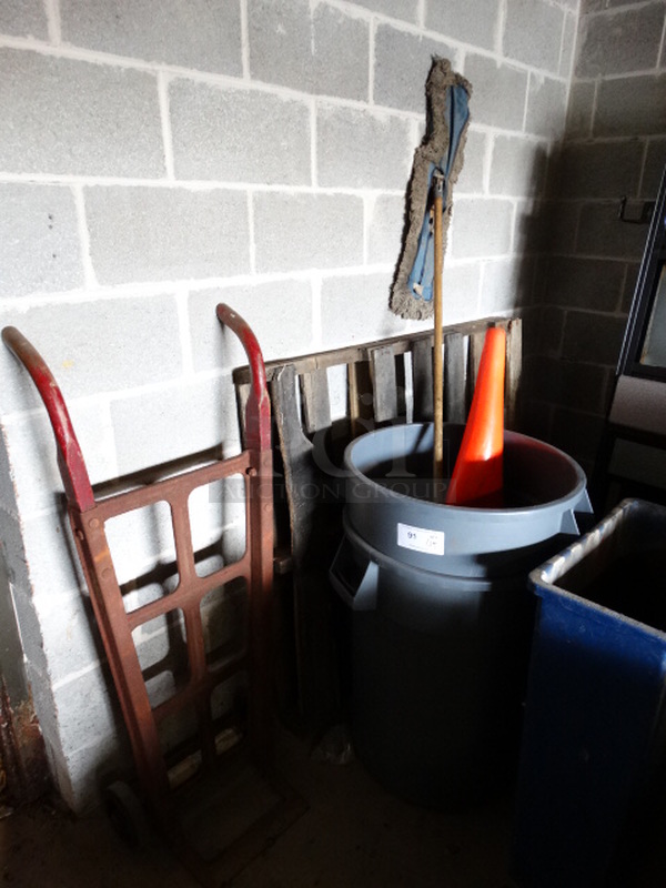 ALL ONE MONEY! Lot of Various Items Including 2 Poly Trash Cans, Slim Jim Trash Can, Furniture Dolly and Cone! - Image 2 of 3