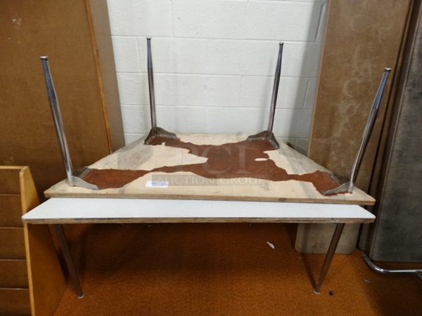 2 Tables; Wood Pattern and White on Metal Legs. 59x25.5x24. 2 Times Your Bid!