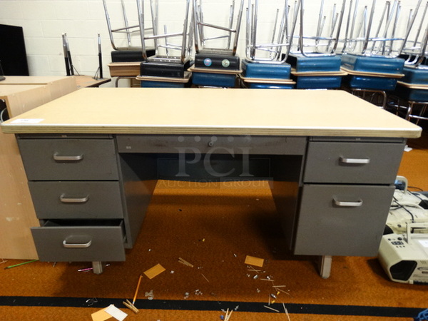 Metal Gray Desk w/ Wood Pattern Tabletop. 60x30x30 - Image 1 of 6