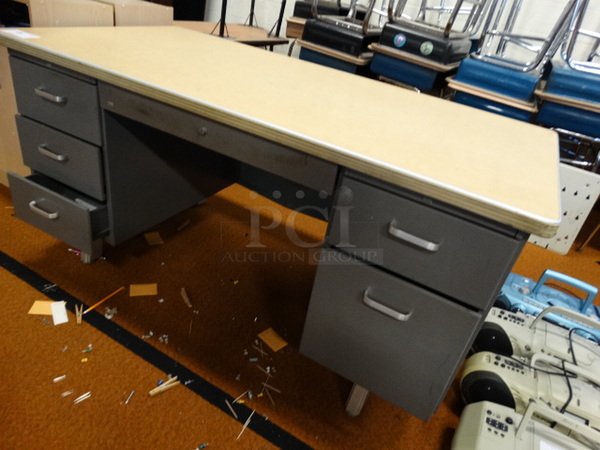 Metal Gray Desk w/ Wood Pattern Tabletop. 60x30x30 - Image 2 of 6
