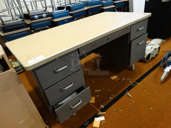 Metal Gray Desk w/ Wood Pattern Tabletop. 60x30x30 - Image 3 of 6