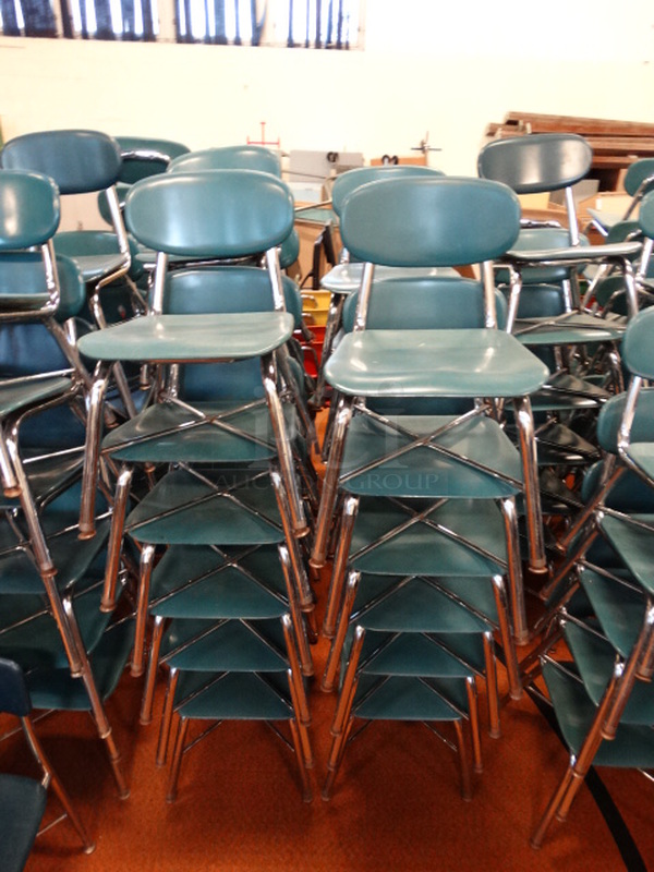12 Blue Metal Chairs on Metal Legs. Stock Picture - Cosmetic Condition May Vary. Includes 16x18x24. 12 Times Your Bid!