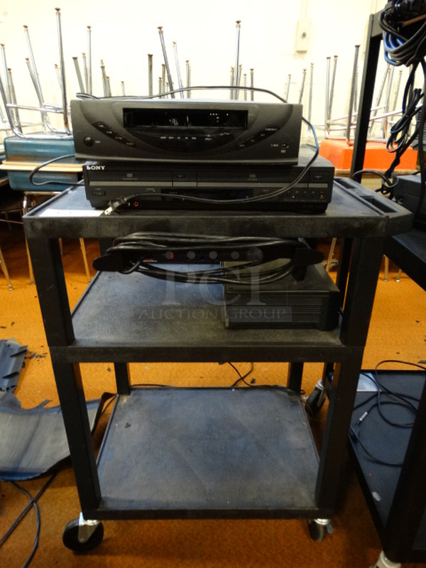ALL ONE MONEY! Lot of VHS Player, Sony DVD VHS Player and Black AV Cart on Casters! Cart: 26x18x34