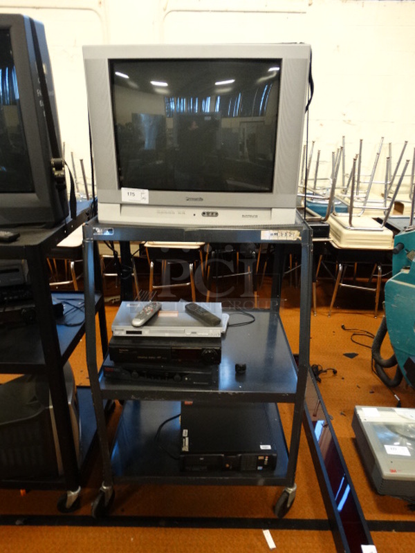 ALL ONE MONEY! Lot of Panasonic TV, Panasonic DVD Player, Panasonic Desktop Editor, Comcast Box and Black 3 Tier AV Cart on Casters! Cart: 33x28x49 - Image 1 of 7