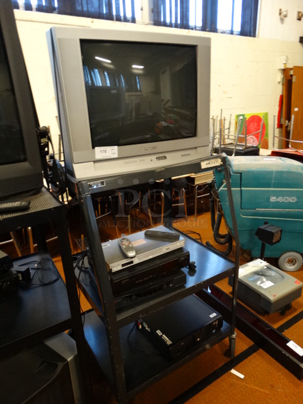 ALL ONE MONEY! Lot of Panasonic TV, Panasonic DVD Player, Panasonic Desktop Editor, Comcast Box and Black 3 Tier AV Cart on Casters! Cart: 33x28x49 - Image 2 of 7