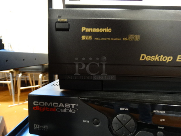 ALL ONE MONEY! Lot of Panasonic TV, Panasonic DVD Player, Panasonic Desktop Editor, Comcast Box and Black 3 Tier AV Cart on Casters! Cart: 33x28x49 - Image 5 of 7