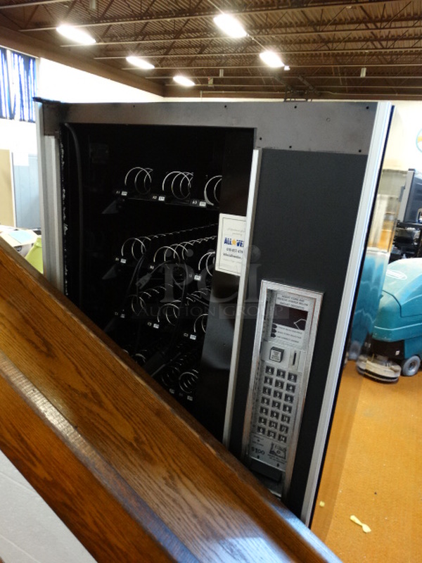 Black Metal Snack Vending Machine w/ Coin Acceptor. Missing Glass Pane. 33x36x72 - Image 1 of 4