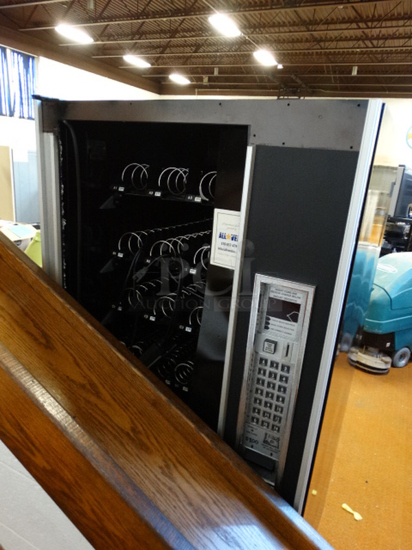 Black Metal Snack Vending Machine w/ Coin Acceptor. Missing Glass Pane. 33x36x72