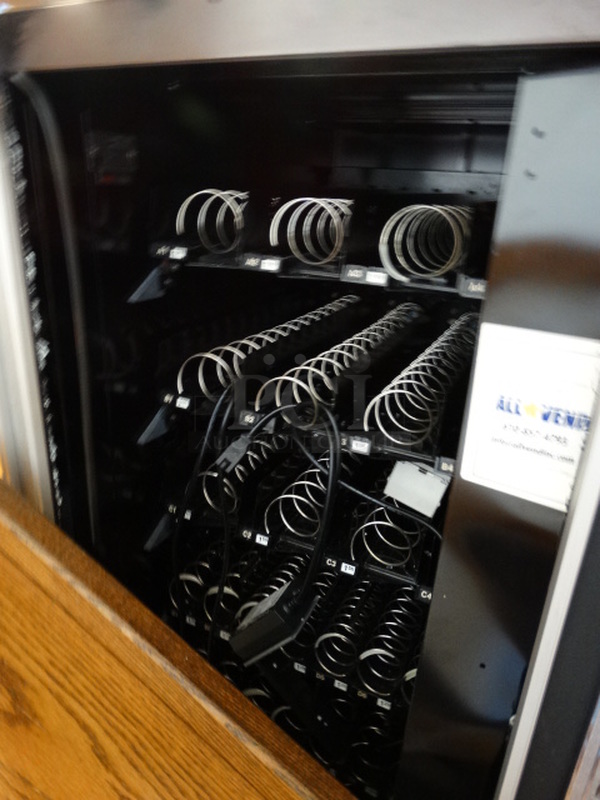 Black Metal Snack Vending Machine w/ Coin Acceptor. Missing Glass Pane. 33x36x72 - Image 2 of 4