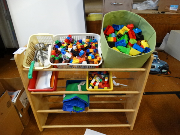 ALL ONE MONEY! Lot of Various Toys and Wood Shelving Unit! Shelf: 34x11.5x31 - Image 1 of 4