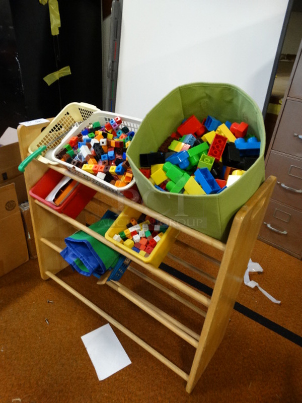 ALL ONE MONEY! Lot of Various Toys and Wood Shelving Unit! Shelf: 34x11.5x31 - Image 2 of 4