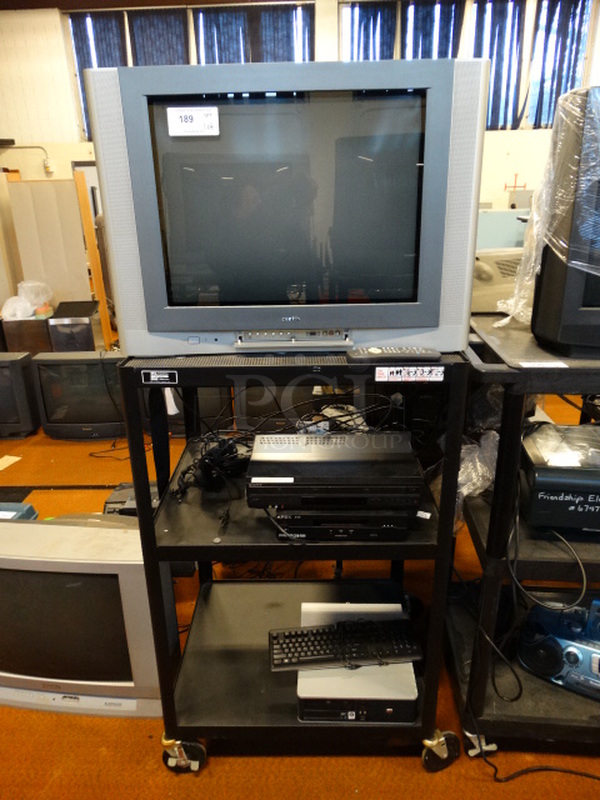 ALL ONE MONEY! Lot of Zenith Television, Sony VHS DVD Player, Apex VHS Player, Computer Tower, Keyboard and Metal 3 Tier AV Cart! Cart: 30.5x26x48.5
