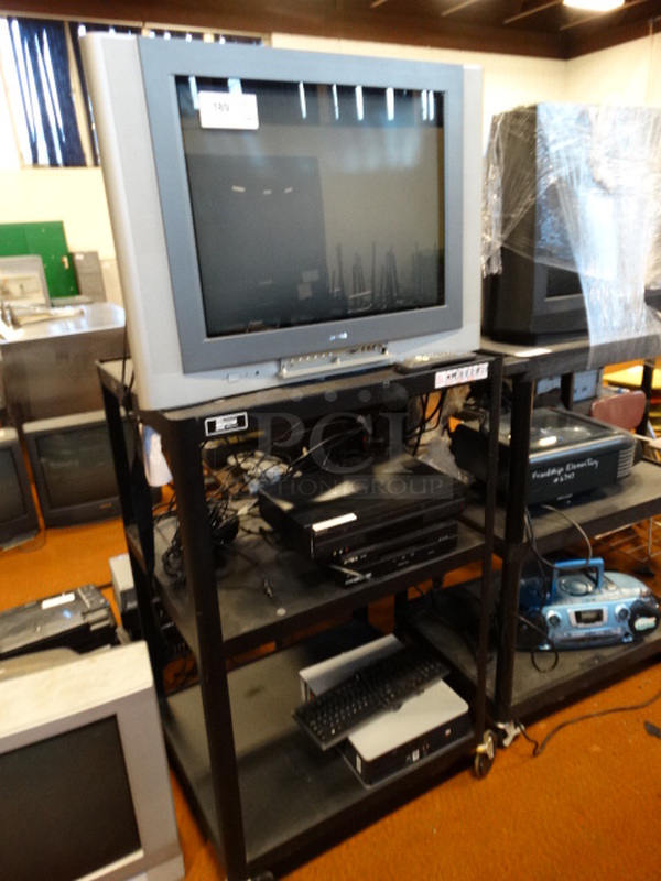 ALL ONE MONEY! Lot of Zenith Television, Sony VHS DVD Player, Apex VHS Player, Computer Tower, Keyboard and Metal 3 Tier AV Cart! Cart: 30.5x26x48.5 - Image 2 of 8