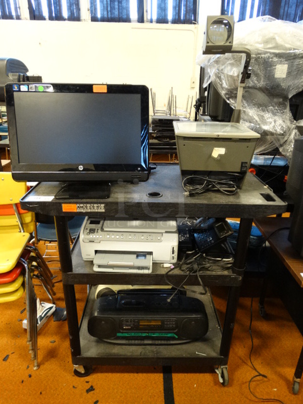 ALL ONE MONEY! Lot of TWO HP Computers, Projector, Printer, 2 Cassette Players and 3 Tier AV Cart! Cart 42x24x40